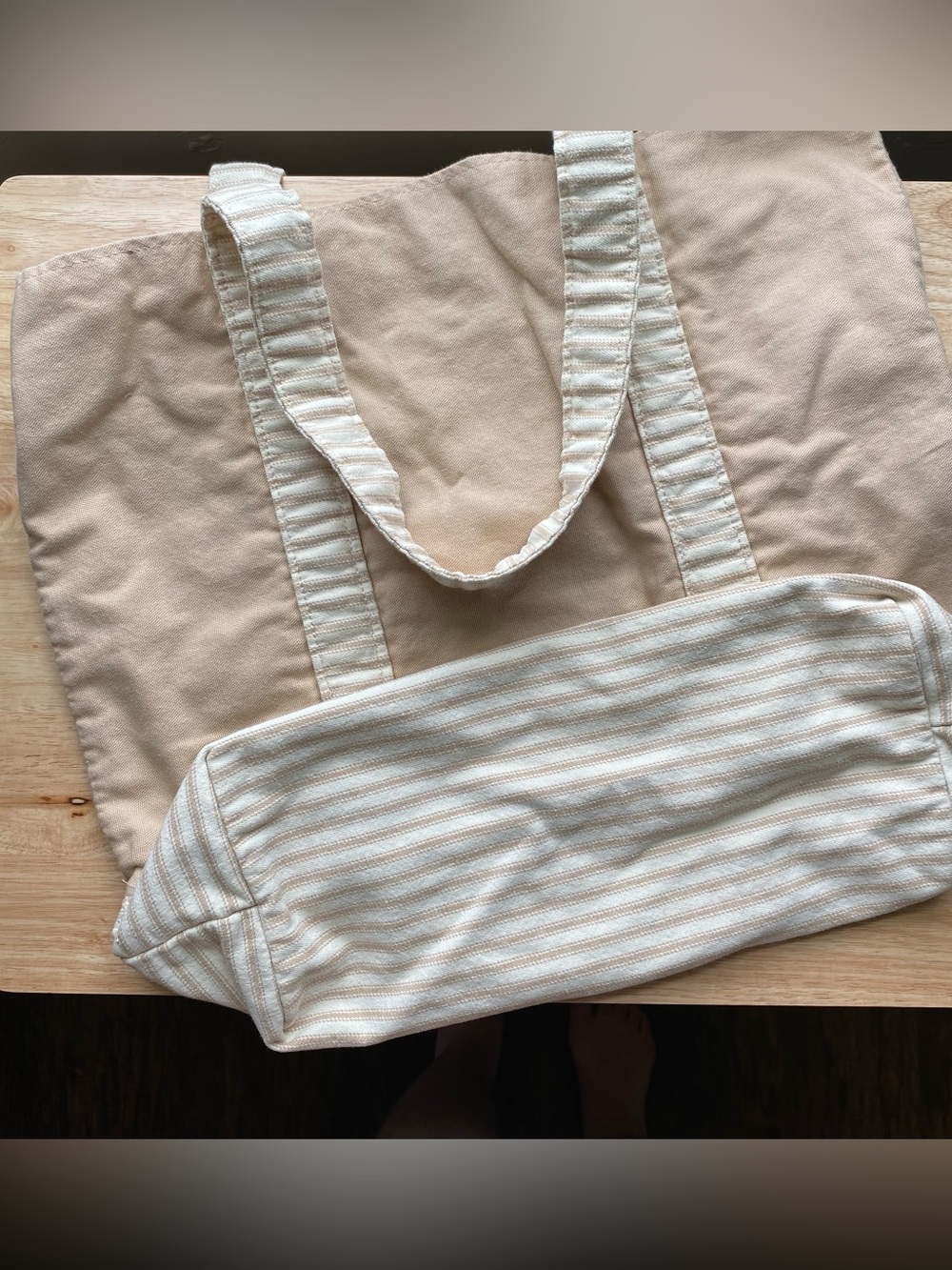 Homemade 100% cotton beige tan cream Striped Canvas Tote Bag